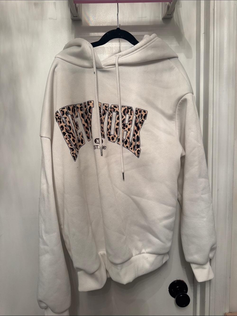 SHEIN White Hoodie with Leopard 'NEWYORK' Graphic